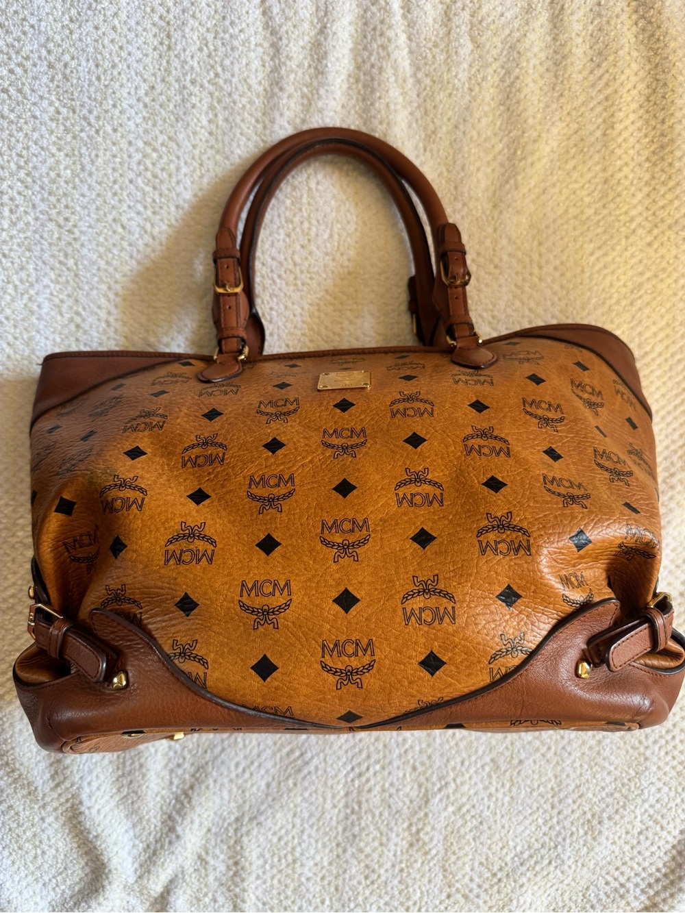 MCM Cognac Logo Visetos Duffel Bag